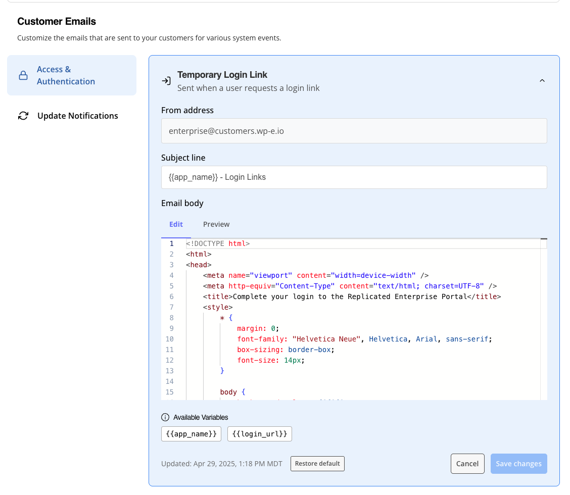 Enterprise Portal edit emails pane